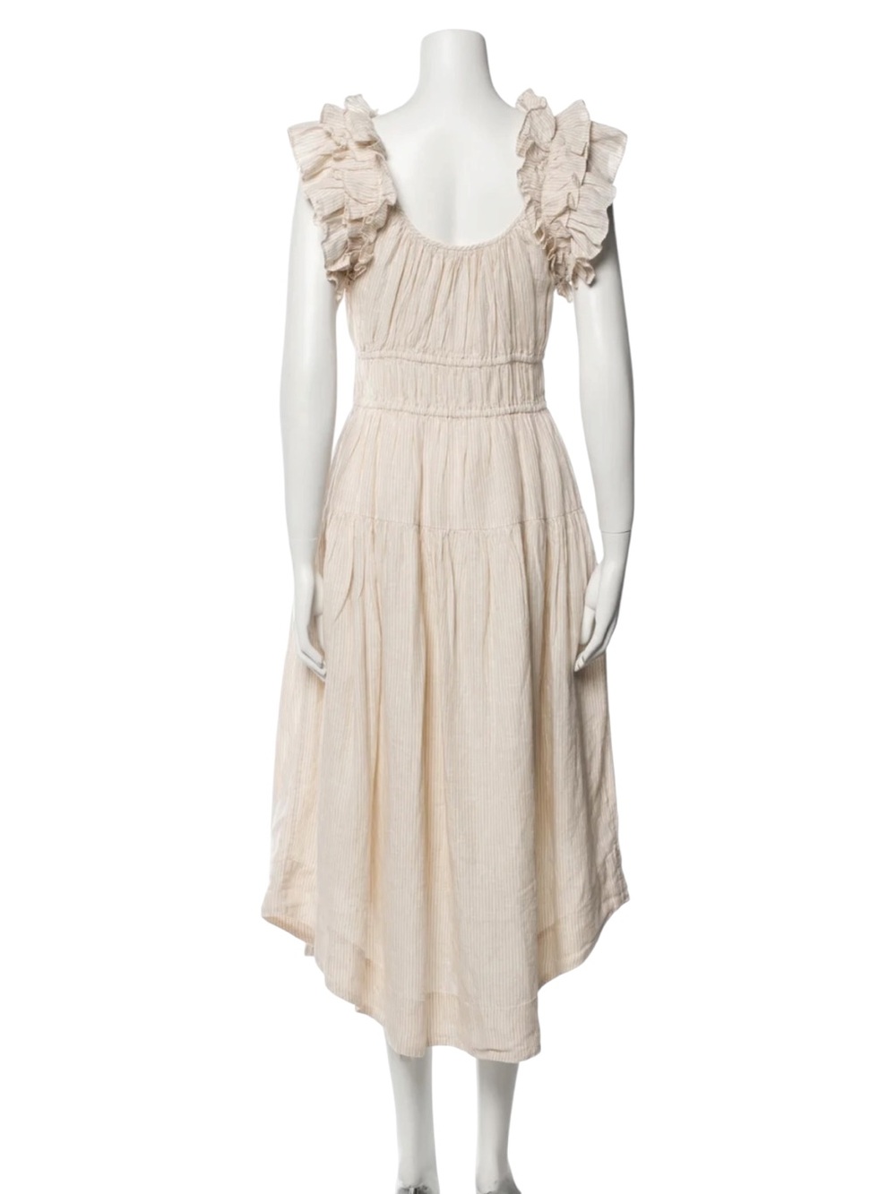 Ulla Johnson Rissa Linen Sand Stripe Ruffle Stretch Waist Pocket Dress - Picture 8 of 8